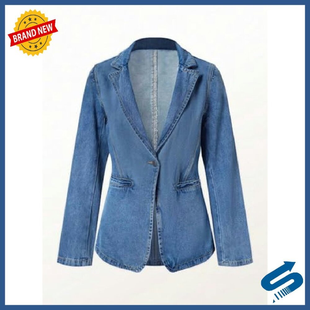 Women's Denim Jacket Slim Fit Stretch Cotton Polyester Elastane Deep V-Neck - Picture 6 of 8